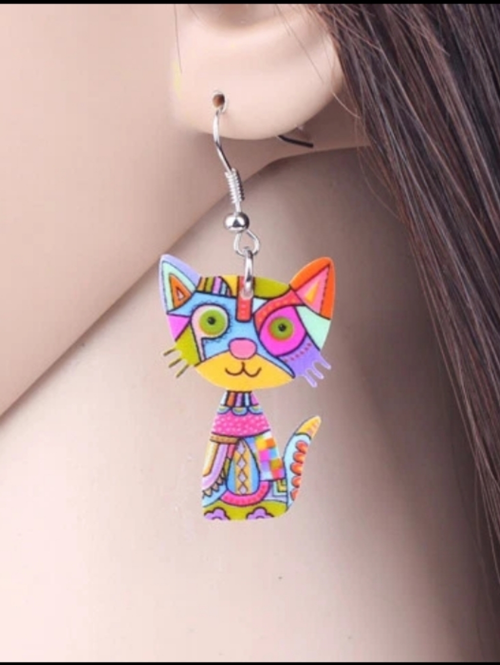 Whimsical Multicolor Cat Dangle Earrings - Picture 6 of 7